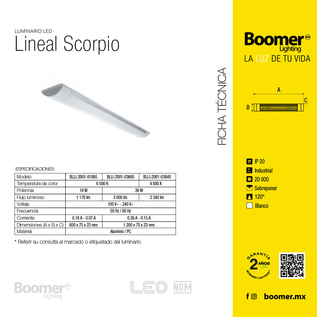LÁMPARA LED LINEAL SCORPIO, 18W, LUZ FRÍA, 1170 LM
