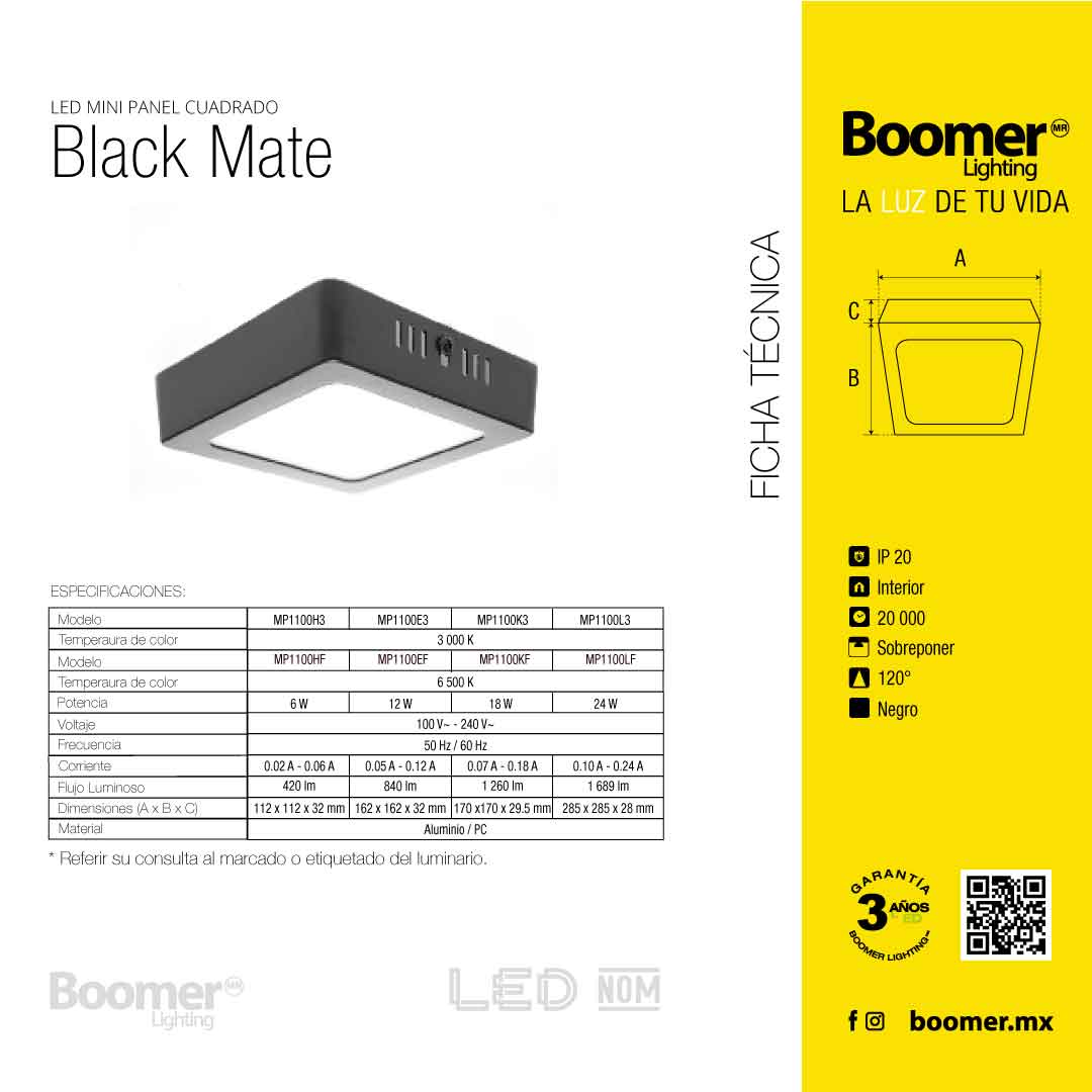 PANEL LED CUADRADO NEGRO PARA SOBREPONER DE 12W, LUZ FRÍA