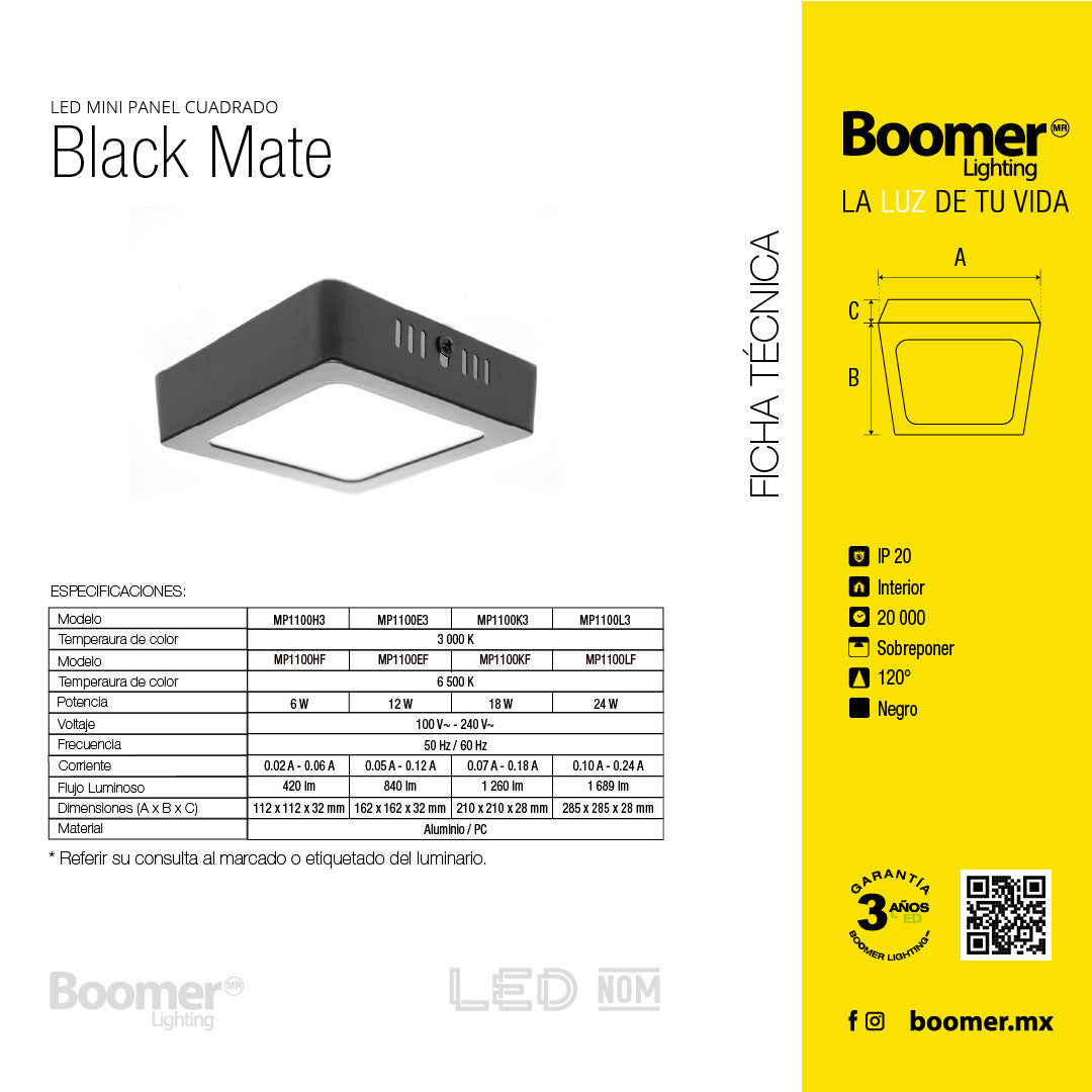 PANEL LED CUADRADO NEGRO 18W 6500K 1260LM SOBREPONER IP20