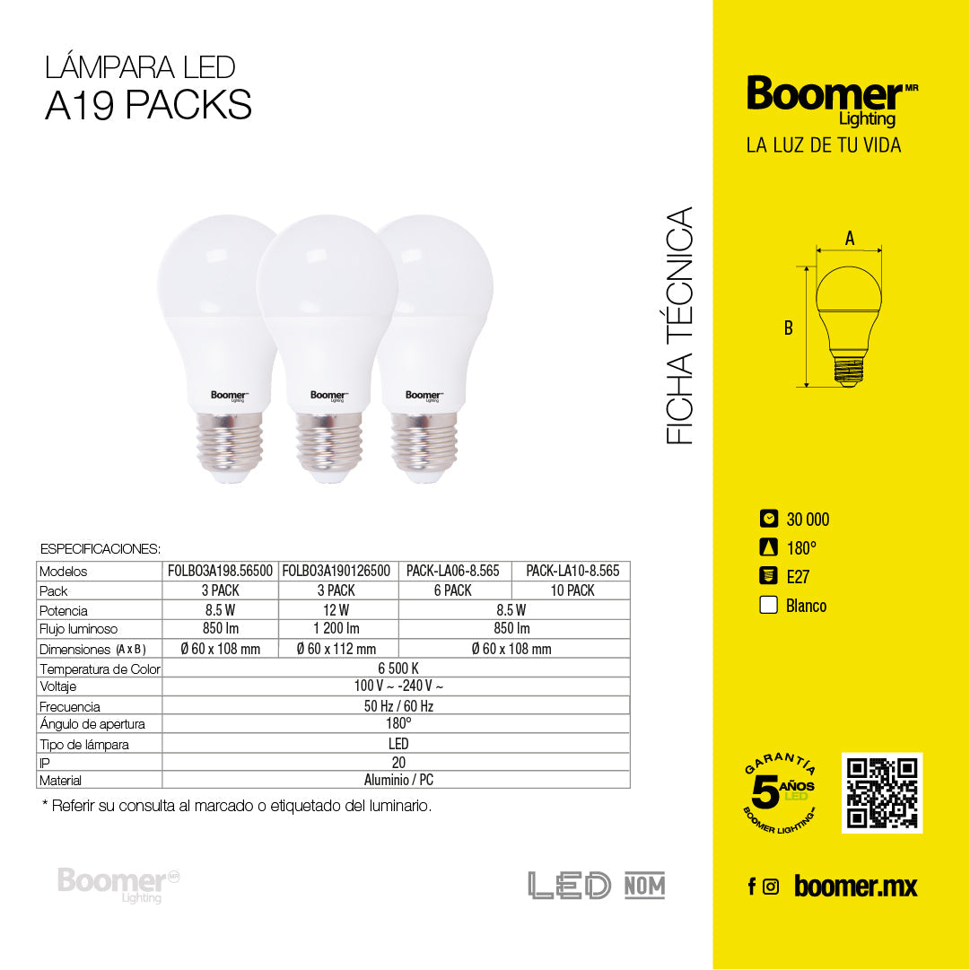 PAQUETE DE 3 FOCOS LED, 12W, LUZ FRÍA, 1200LM, BASE E27