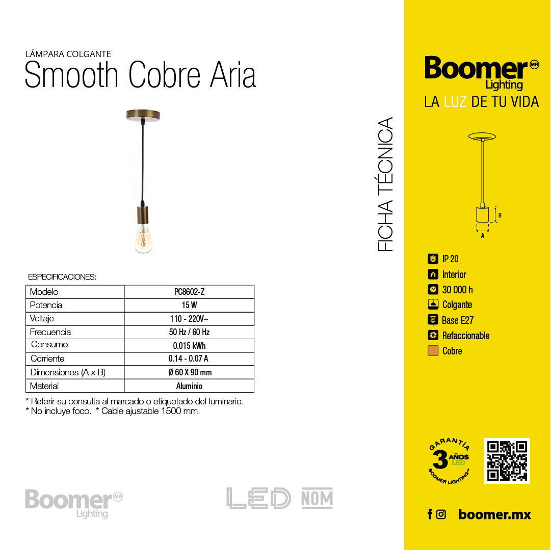 SOCKET COLGANTE DECORATIVO SMOOTH ARIA PARA FOCO E27 15W