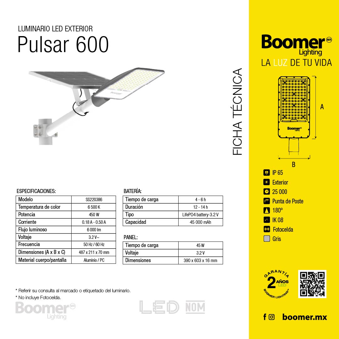 LUMINARIA EXTERIOR CON PANEL SOLAR PULSAR 6000, 450W, LUZ FRÍA