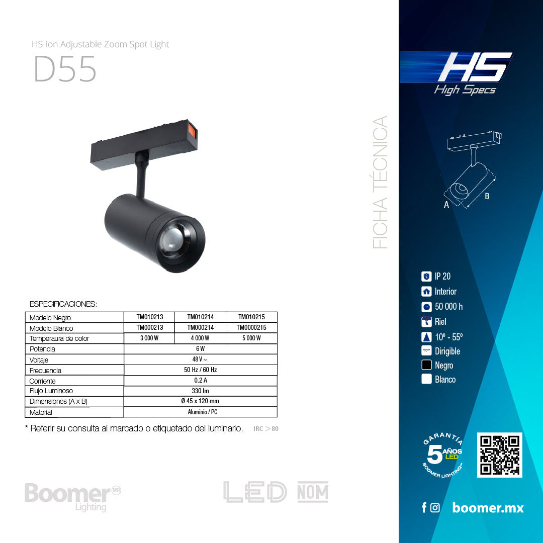 LUMINARIO HS-ION SPOT LIGHT ADJ. BLANCO D55 10W 3000K, 550LM