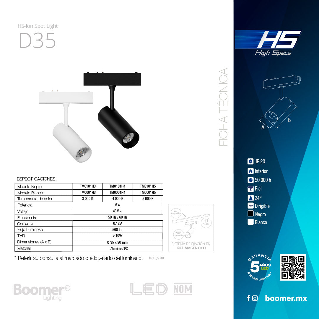 LUMINARIO HS-ION SPOT LIGHT NEGRO D35, 6W, 5000K, 568LM