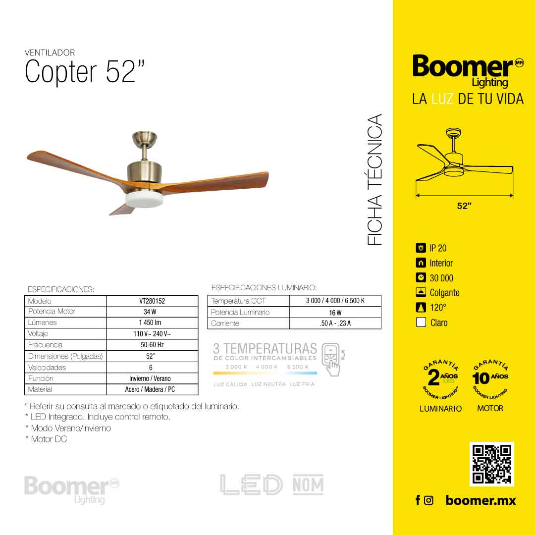 VENTILADOR DE TECHO COPTER CON LUZ LED CCT DE 52” Y 6 VELOCIDADES
