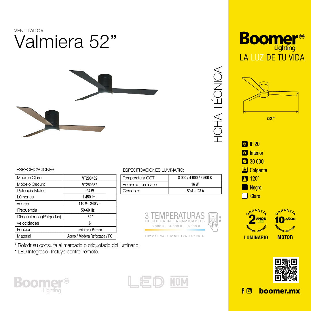 VENTILADOR DE TECHO CON LUZ LED 52" VALM, 6 VELOCIDADES, CCT
