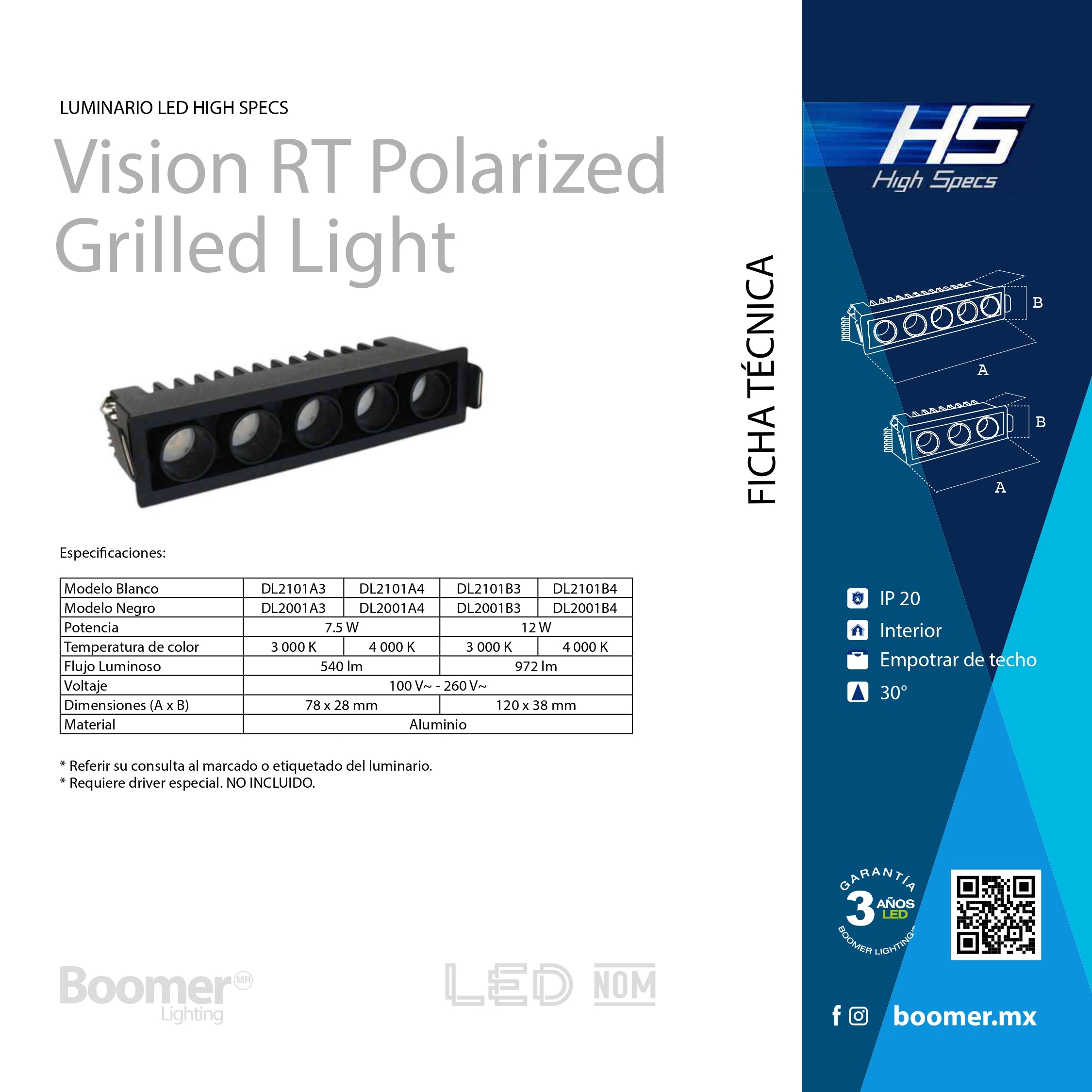 EMPOTRABLE NEGRO HS MINI RZ 36°, 12 W, 3000K, 972 LM