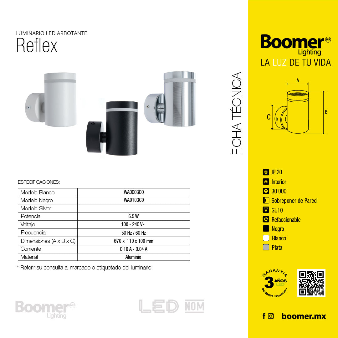 ARBOTANTE PARA PARED REFLEX PLATA, 6.5W, BASE GU10(x1) INT