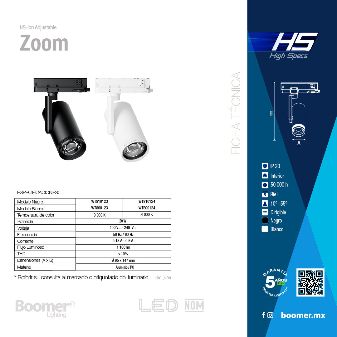 LUMINARIO HS TRACK ADJUSTABLE ZOOM LIGHT BLANCO, 20W, 3000K
