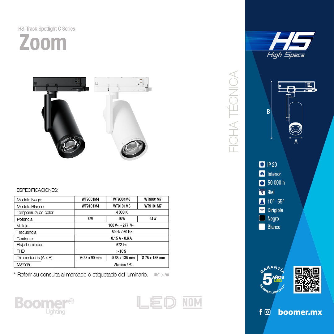LUMINARIA PARA RIEL ELÉCTRICO ZOOM LIGHT BLANCO 24W 4000K