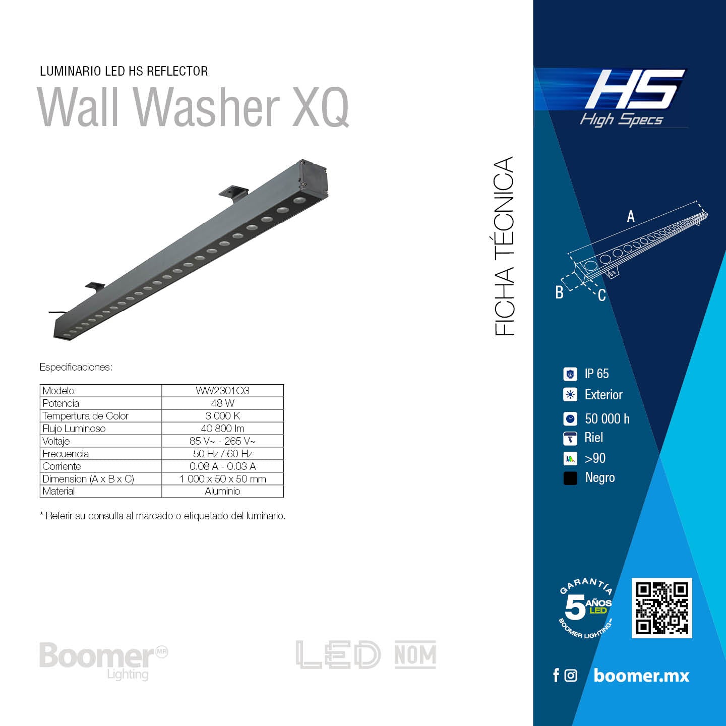 LUMINARIO HS-XQ WALL WASHER NEGRO 48W, 3000K