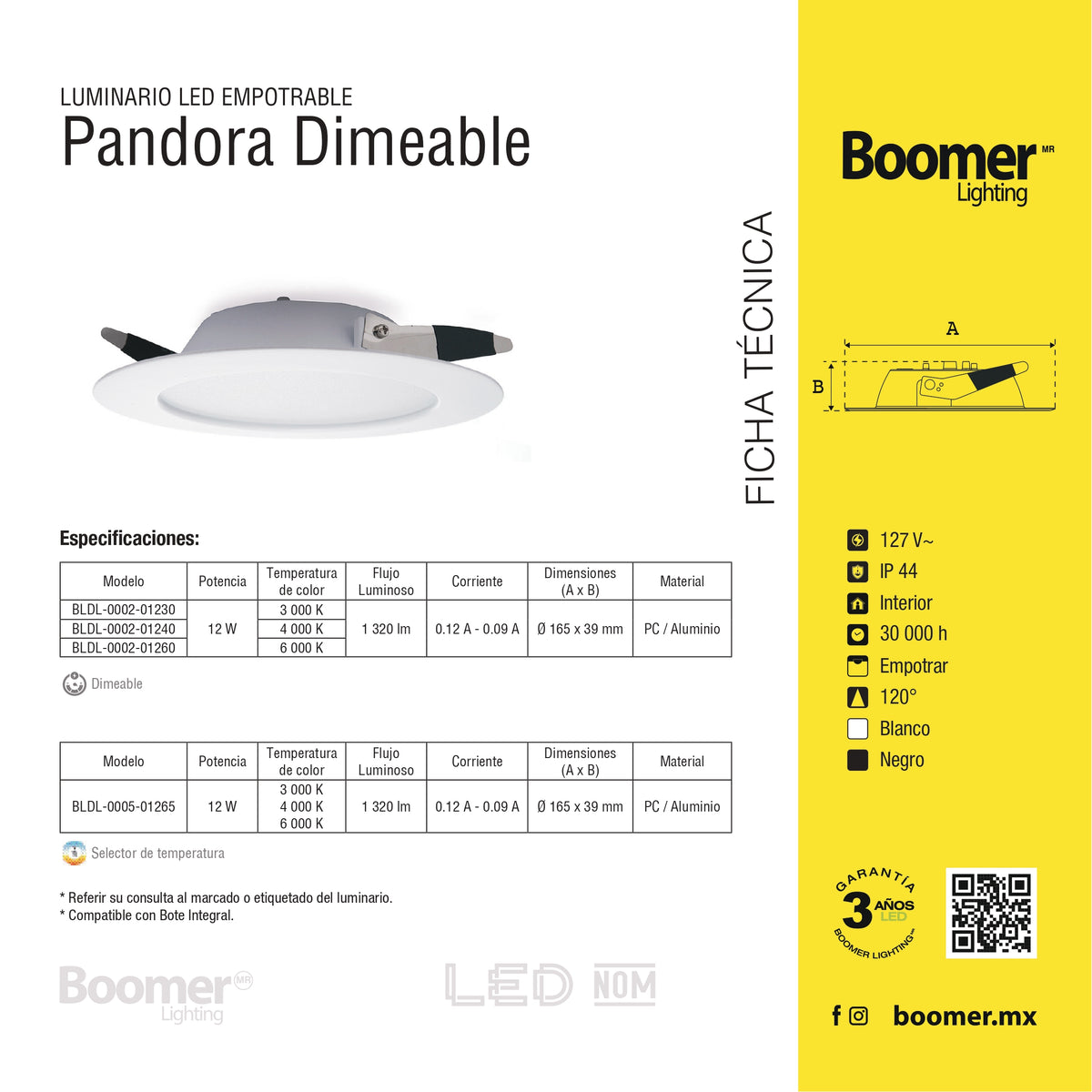 EMPOTRABLE BLANCO 12W ATENUABLE LUZ NEUTRA PARA BOTE, 1320LM