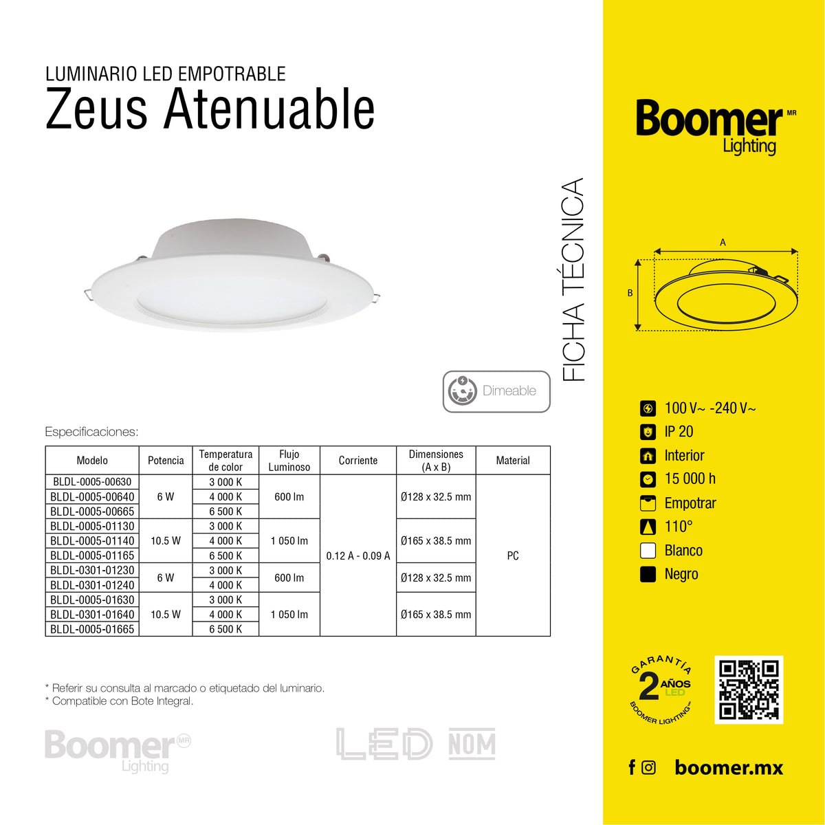 EMPOTRABLE NEGRO 10.5W ATENUABLE LUZ CÁLIDA PARA BOTE 1050LM