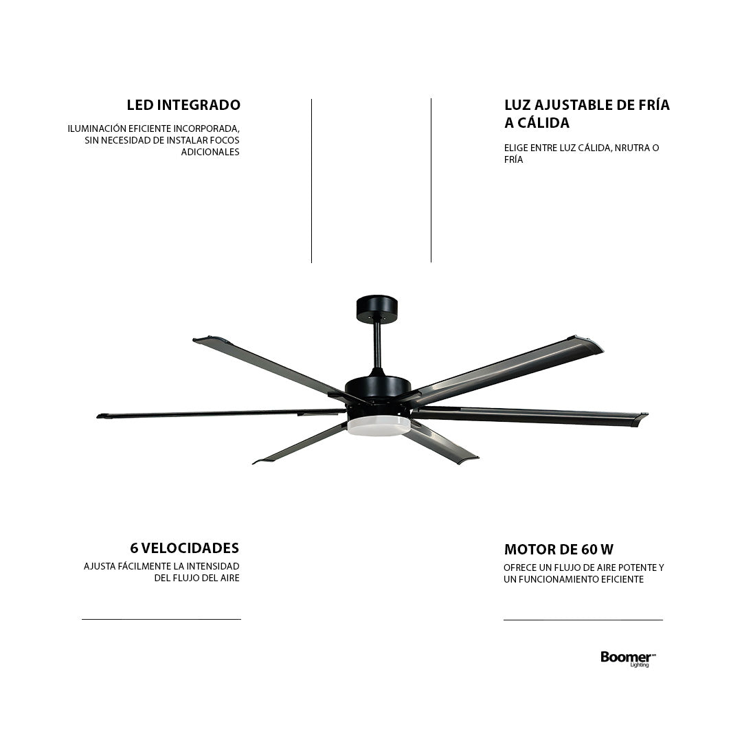 VENTILADOR DE TECHO CON LUZ LED 72" INDUSTRIAL NEGRO 6 VELOCIDADES CCT