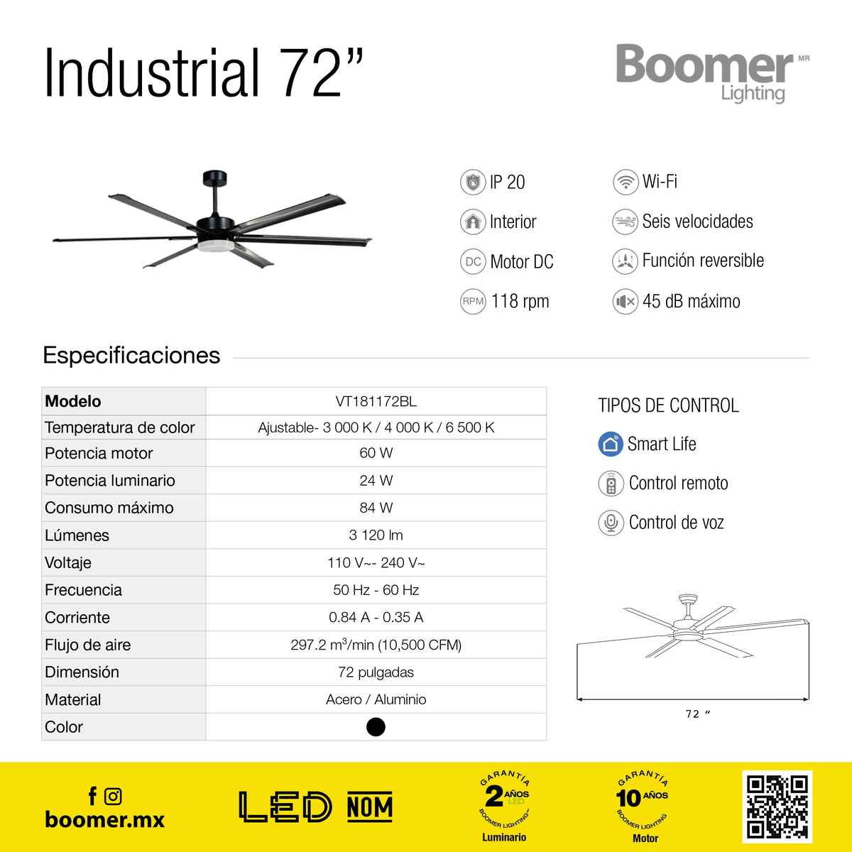 VENTILADOR DE TECHO CON LUZ LED 72" INDUSTRIAL NEGRO 6 VELOCIDADES CCT